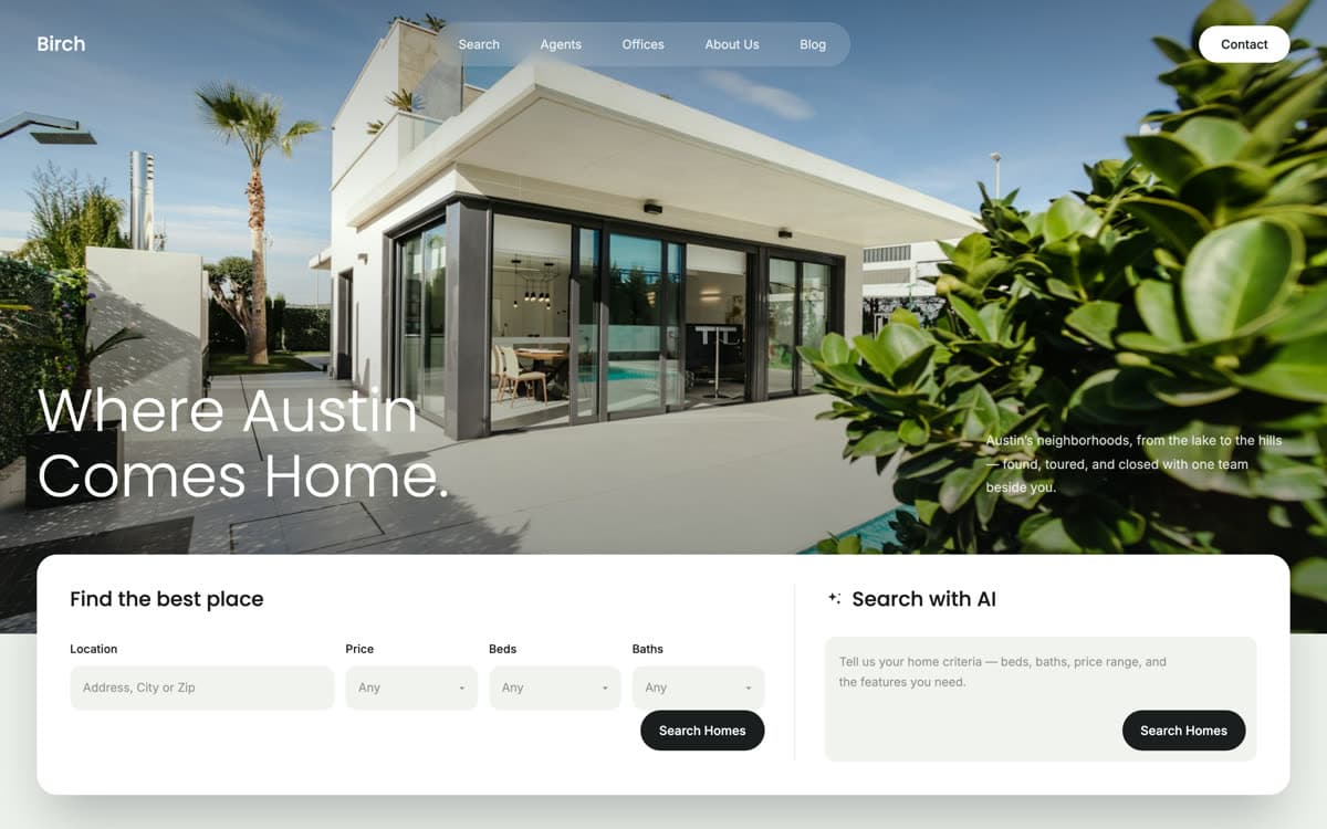 Birch website template: Suburban modern that puts classic and AI search side by side