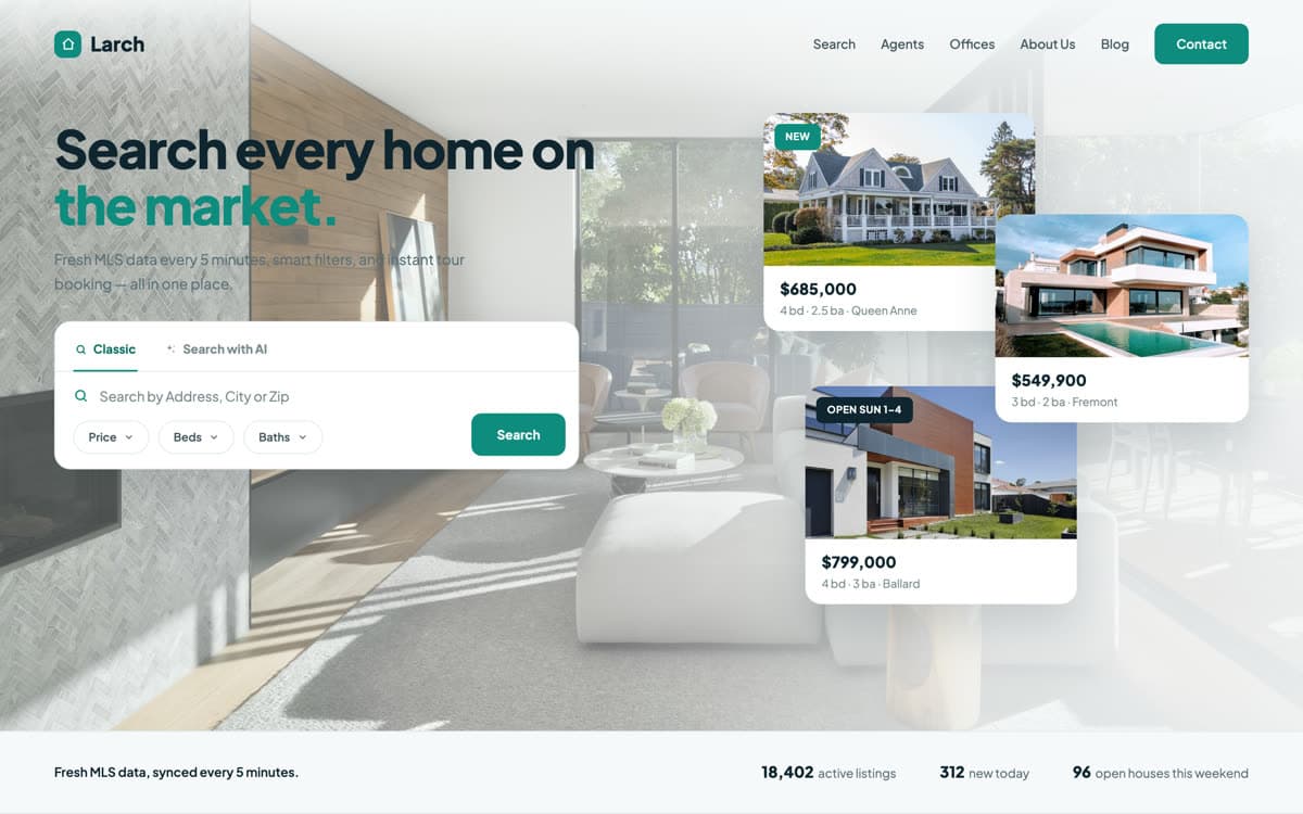 Larch website template: Search-first portal where the buyer, not the brand, leads