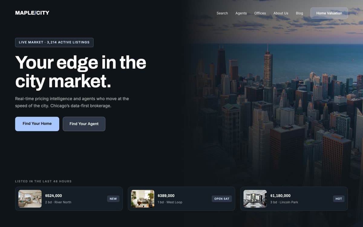 Maple website template: Data-first urban brokerage with market stats up front