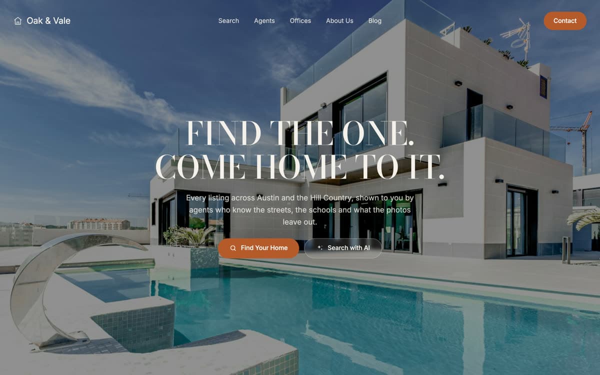 Oak website template: Editorial warm stone, carried by finished work rather than a listings grid