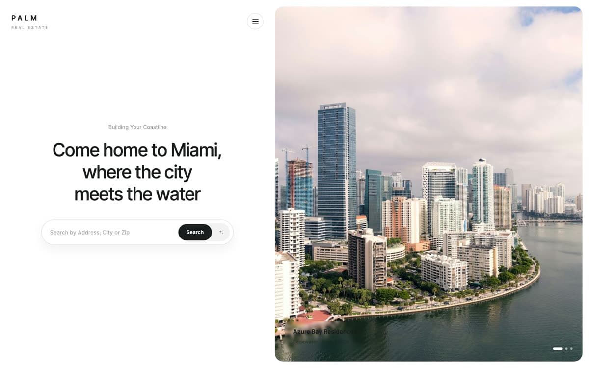 Palm website template: Coastal-modern city brokerage, photography-led and nearly colorless