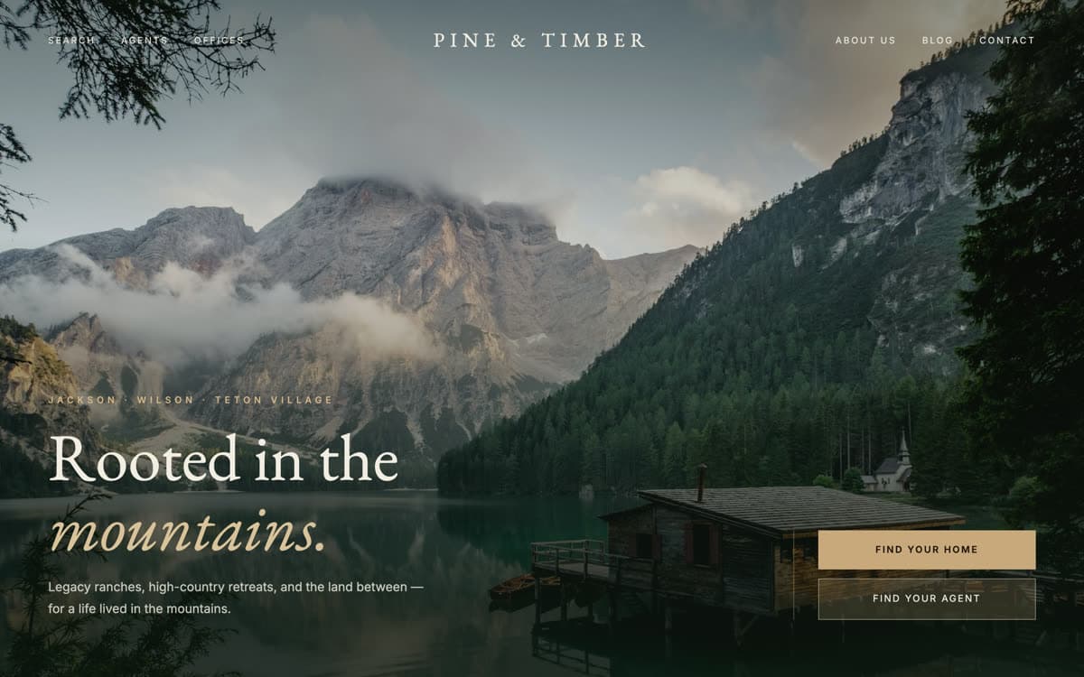 Pine website template: Luxury mountain and ranch, cream on deep forest green