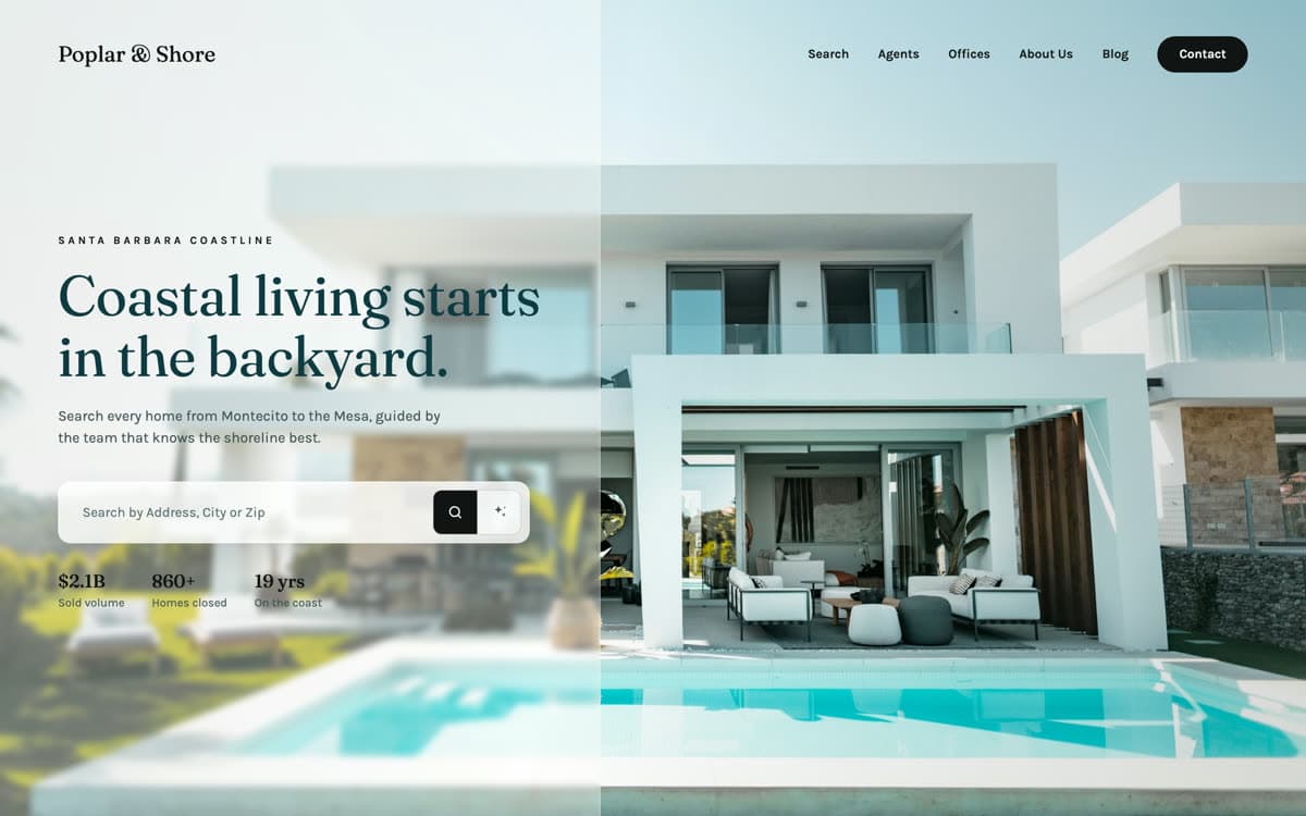 Poplar website template: Coastal lifestyle, glass panels over full-bleed photography