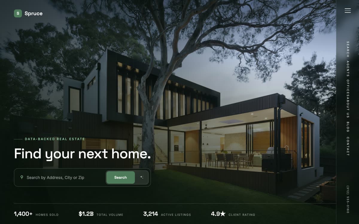 Spruce website template: Modern dark with the numbers a seller asks for on the page
