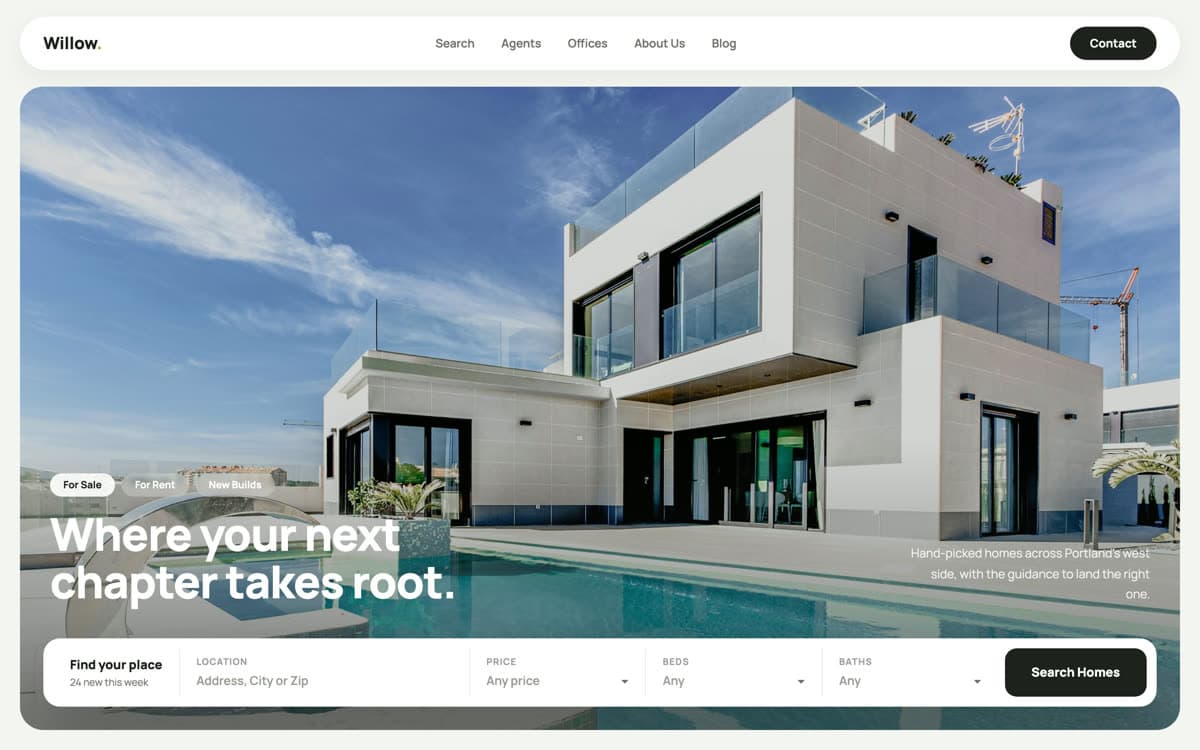 Willow website template: Light and airy modern, built around an upfront search form