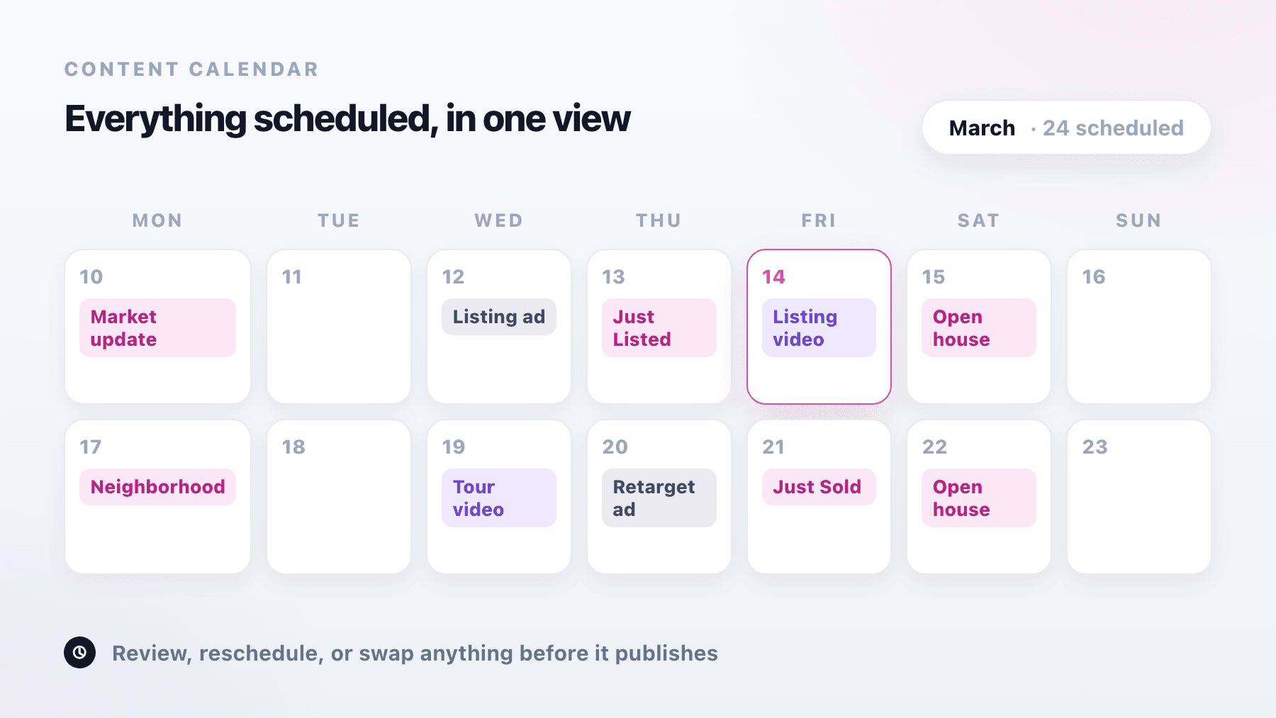 Two weeks of a content calendar with posts, listing videos and ads already scheduled on named days