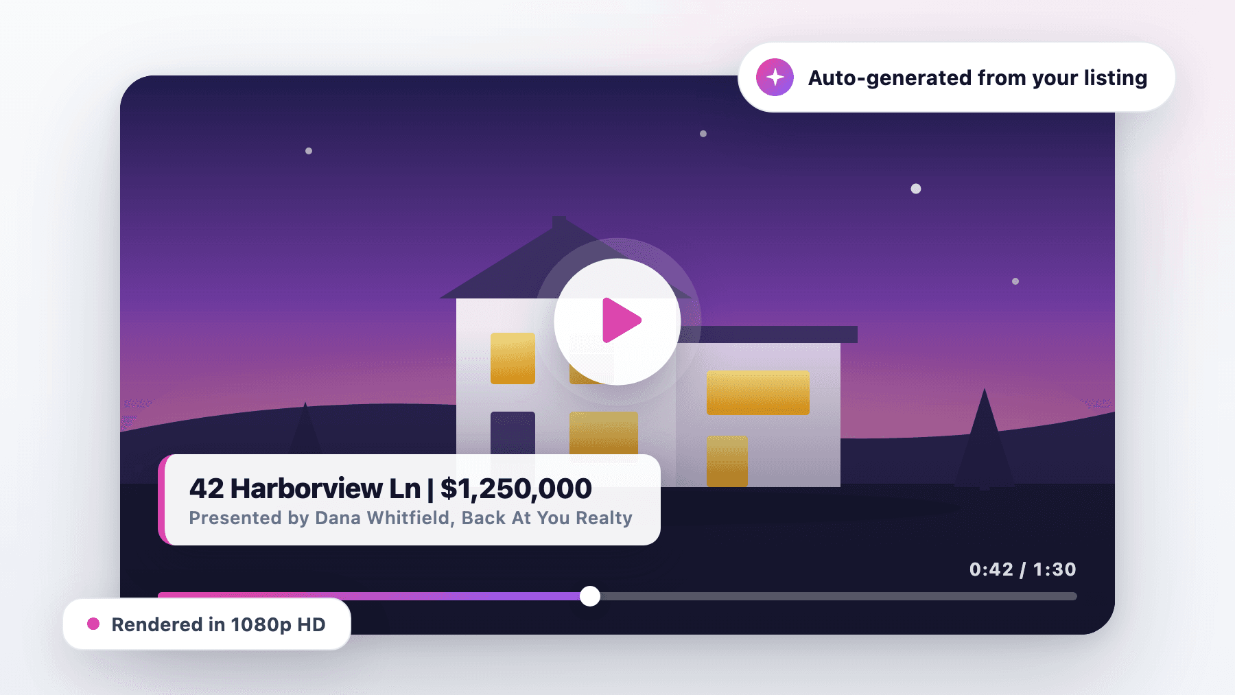 A branded listing tour video with the address and price on a lower third