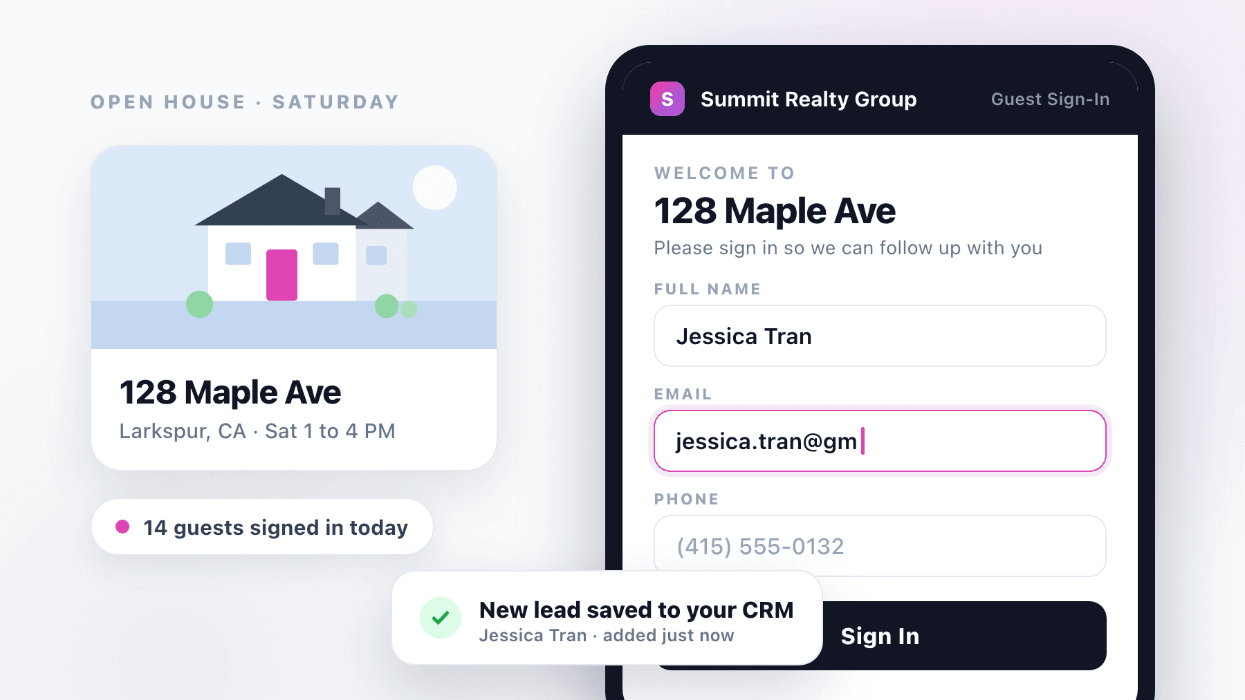 A tablet open-house sign-in sheet saving a new lead to the CRM