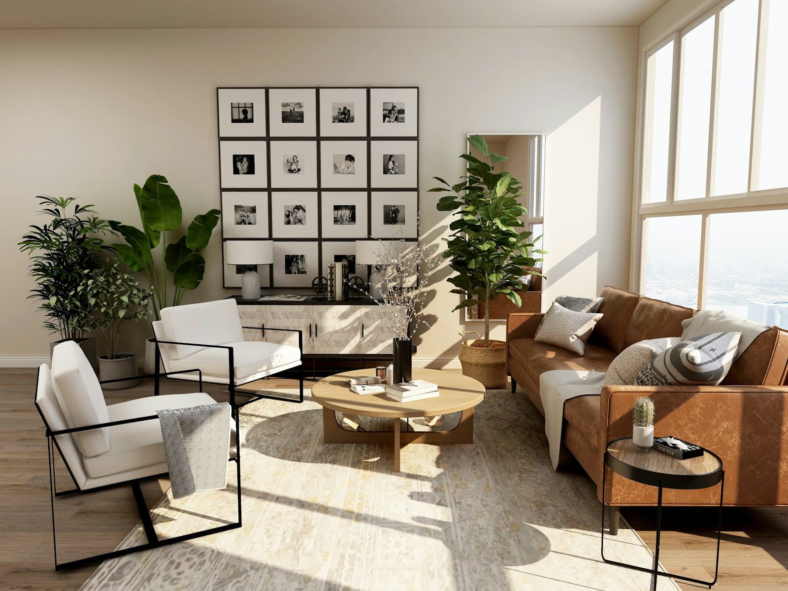 Styled modern living room with gallery wall